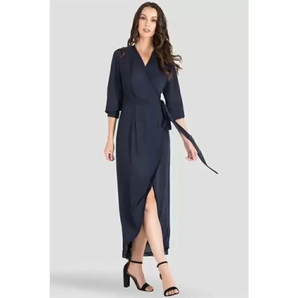 Standards & Practices - Elle Midnight Blue Tulip High Low Chiffon Wrap Dress siz
